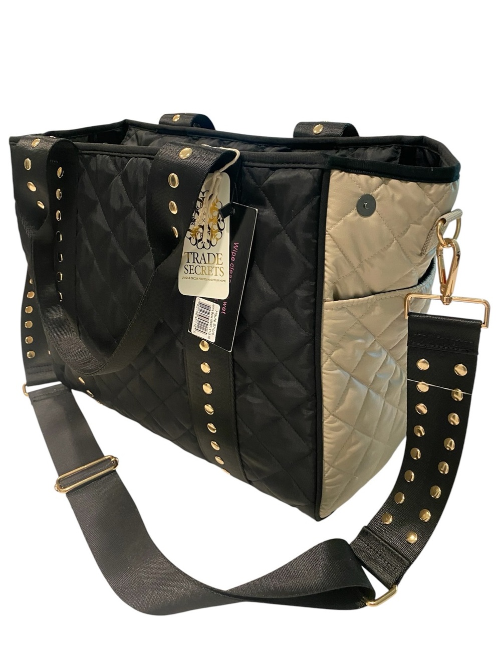 HAUTE SHORE Black & Cream Quilted Tote with Studded Strap